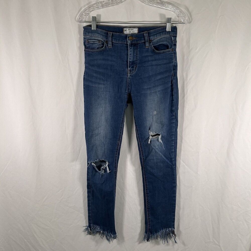 Free People Jeans Women's 26 Medium Wash Denim Mid Rise Distressed Button Zip